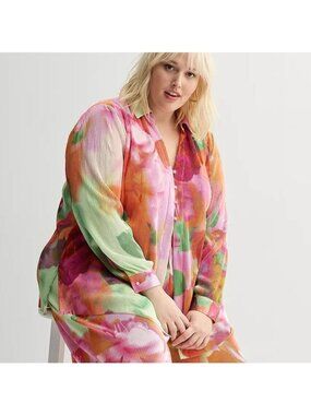 Intempo Women's Button Front Top 2X Floral Abstract Spring Chic Long Sleeve NEW